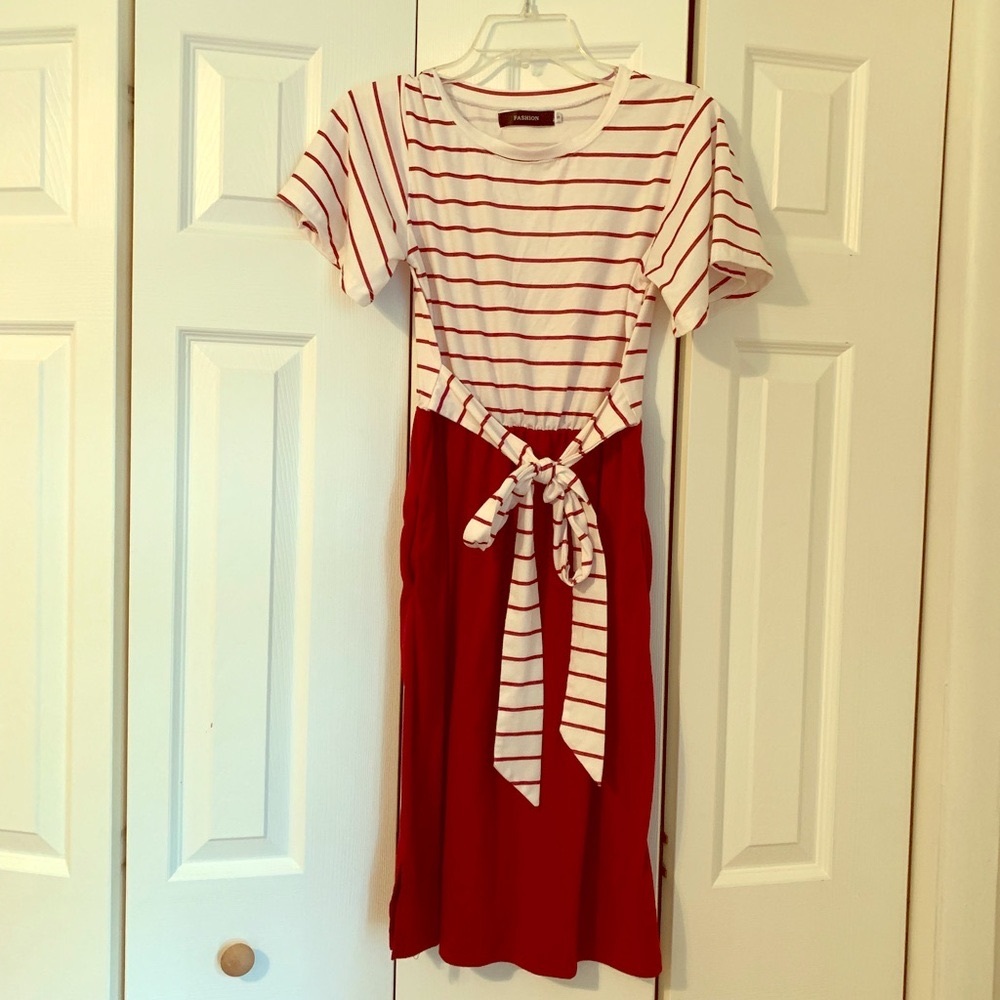 Red and white striped midi dress w/ tie waist
